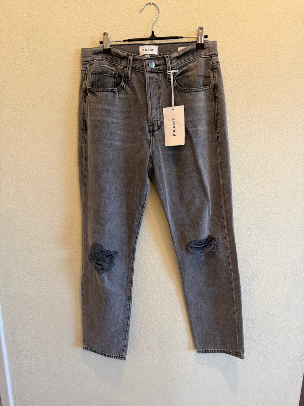 Frame Denim Washed Grey Boyfriend Jeans with Knee Rips